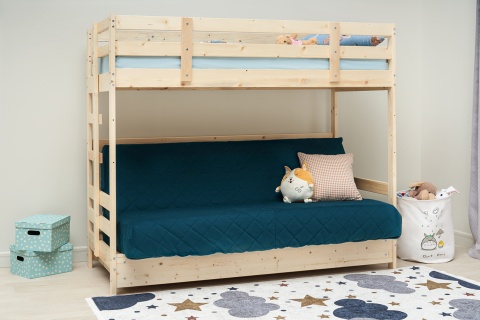 Двухъярусная кровать массив с диван-кроватью синий / натуральный